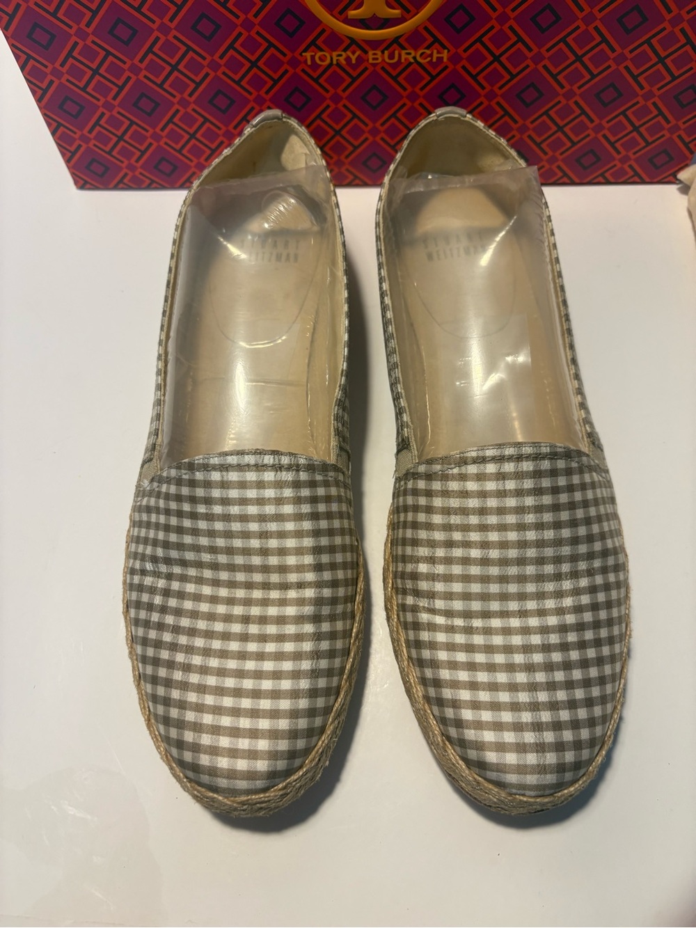 Stuart Weitzman Tan and White Gingham Espadrille Flats